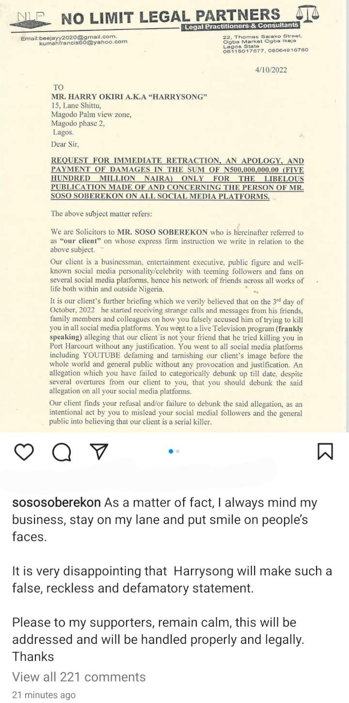 Soso Soberekon demands Harry Song retracts statement and pay N500,000,000 following murder allegation