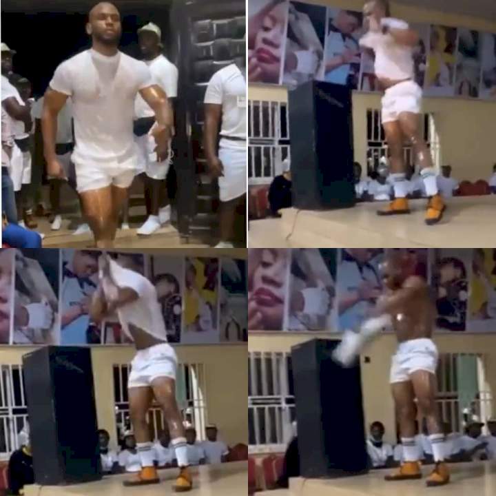 Corp member laughed at as his attempt to rip his shirt on stage during NYSC Mr Macho contest fails (video)