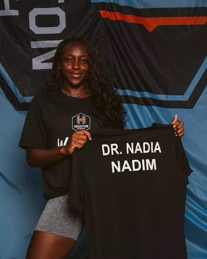 Along with a photo wearing her Inspiring Women's Night outfit, the name Dr. Nadia Nadim was branded at the back. Image Credit - Twitter/Houston Dash