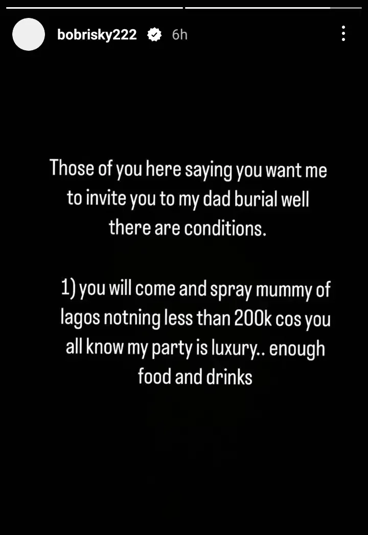 'You'll spray me nothing less than N200K' - Bobrisky releases conditions for those who want to attend his father's burial