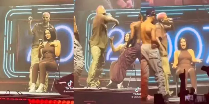 Shocking moment Chris Brown threw a fan's phone into the crowd after she ignored him during a performance (video)