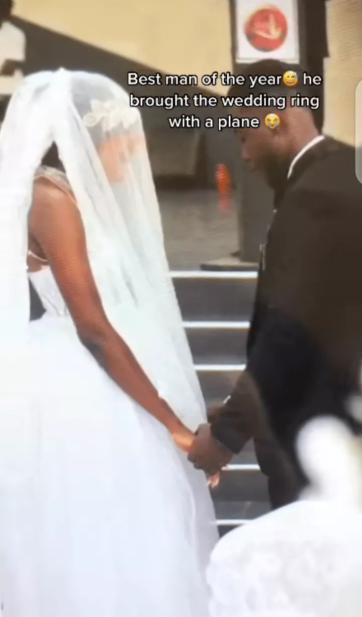 'Imagine say e crash for road' - Groom uses drone to transport wedding ring to venue (Video)