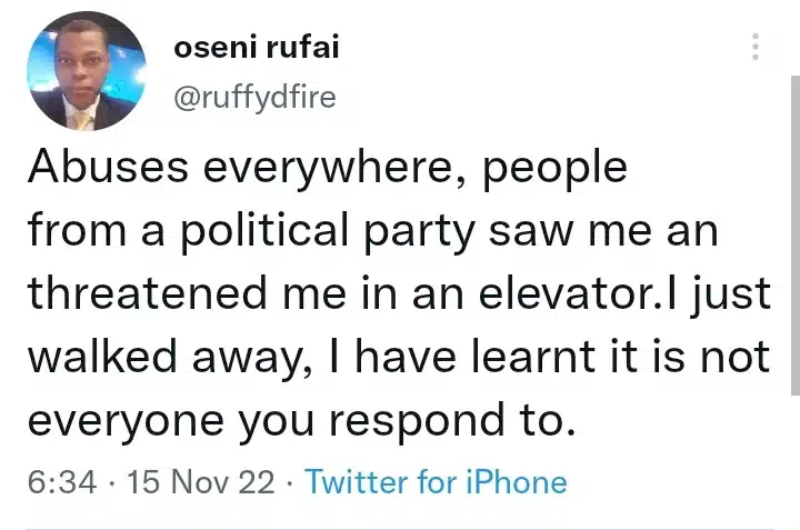 Rufai Oseni escapes being assaulted inside elevator by members of a political party