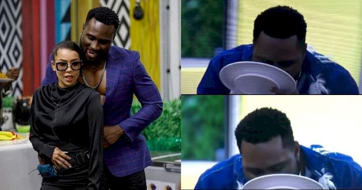 BBNaija: "Local man lost his home training" - Reactions as Pere is spotted licking his plate after Maria took his fork (Video)