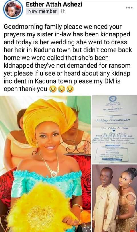 Bride-to-be kidnapped a day to her wedding in Kaduna