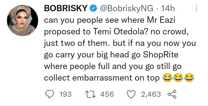 Bobrisky scolds Nigerians who are fond of public proposals as he hails Temi and Eazi's engagement