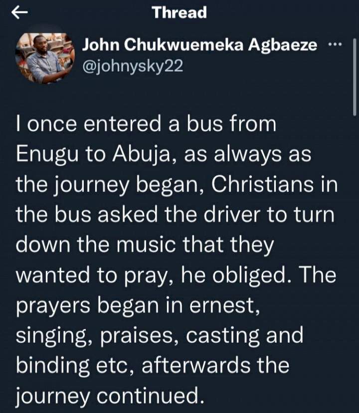 Man narrates encounter with religious people who prayed loudly on bus but slammed him for praying to the gods loudly