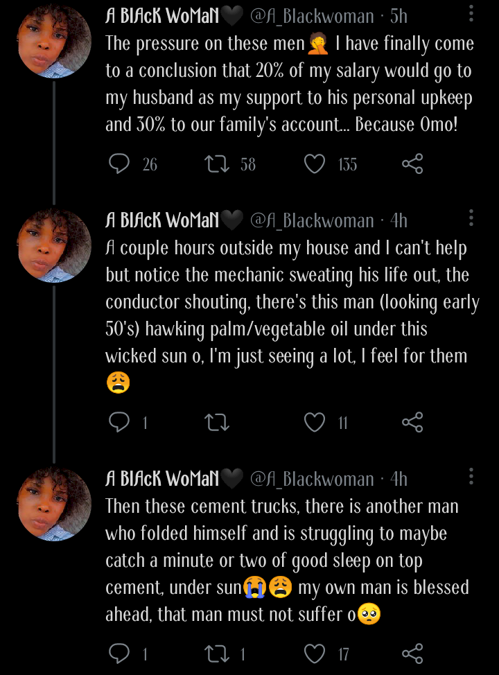 '20% of my salary would go to my husband and 30% to our family's account' - Lady declares as she illuminates the pressure and hardship men face to cater for their families