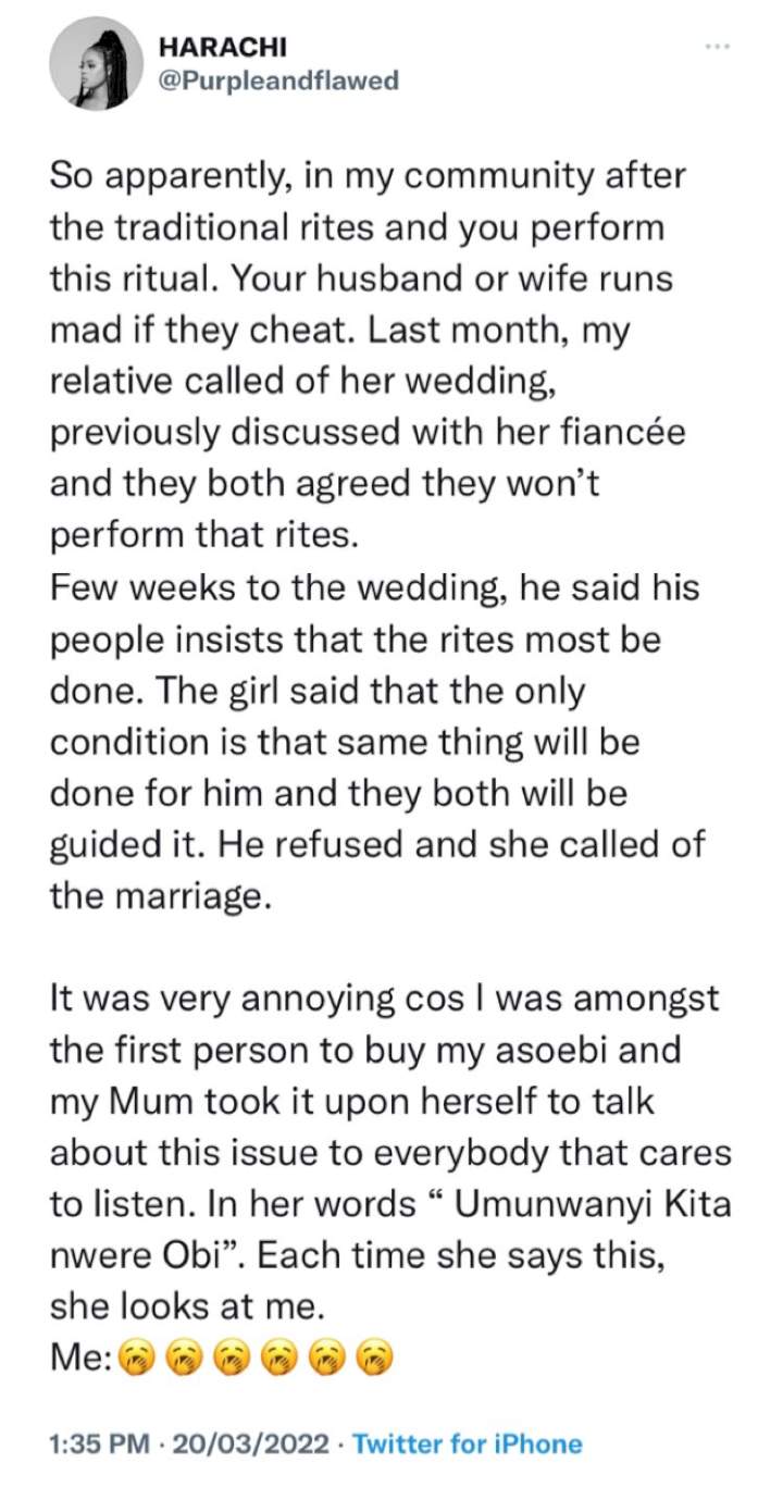 Lady cancels wedding after fiancé refused to join her in taking infidelity oath