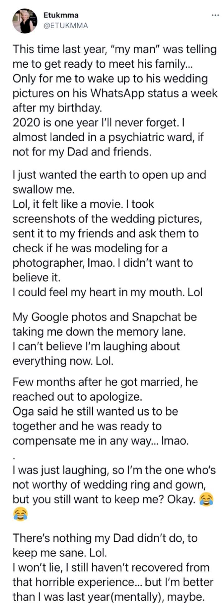 Lady narrates how she stumbled upon her man's wedding photos days after being told to get ready to meet his family