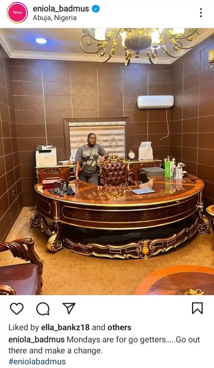 'She don relocate to Abuja' - Eniola Badmus shows off new luxury office after Tinubu resumed office (Photos)