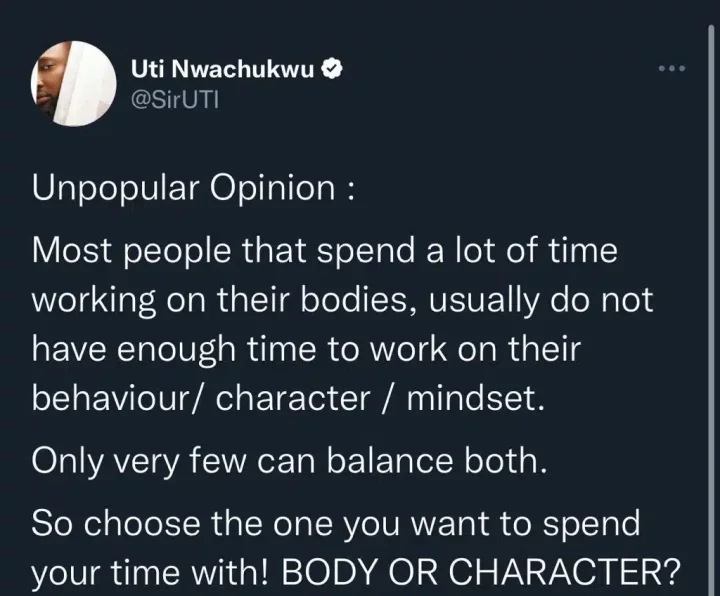 Uti Nwachukwu shares unpopular opinion about those who pay too much attention to their bodies