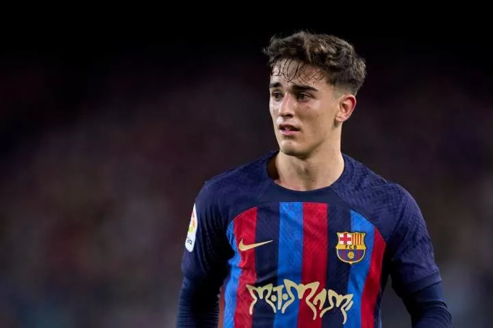 BARCELONA, SPAIN - MARCH 19: Pablo Paez 'Gavi' of FC Barcelona looks on during the LaLiga Santander match between FC Barcelona and Real Madrid CF at Spotify Camp Nou on March 19, 2023 in Barcelona, Spain. (Photo by Alex Caparros/Getty Images)