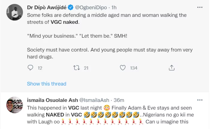 Nigerians react to video of couple walking around nak3d at VGC in Lagos (video)