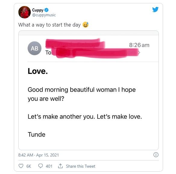 'What a way to start the day' - DJ Cuppy gushes over romantic letter from Tunde