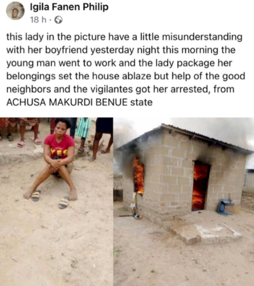 Lady sets boyfriend's house on fire over disagreement in Benue State