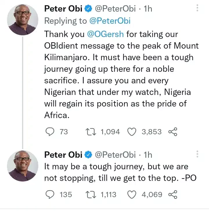 'I am overwhelmed by the show of love and support' - Peter Obi reacts as man hoists Labour Party flag on Mount Kilimanjaro