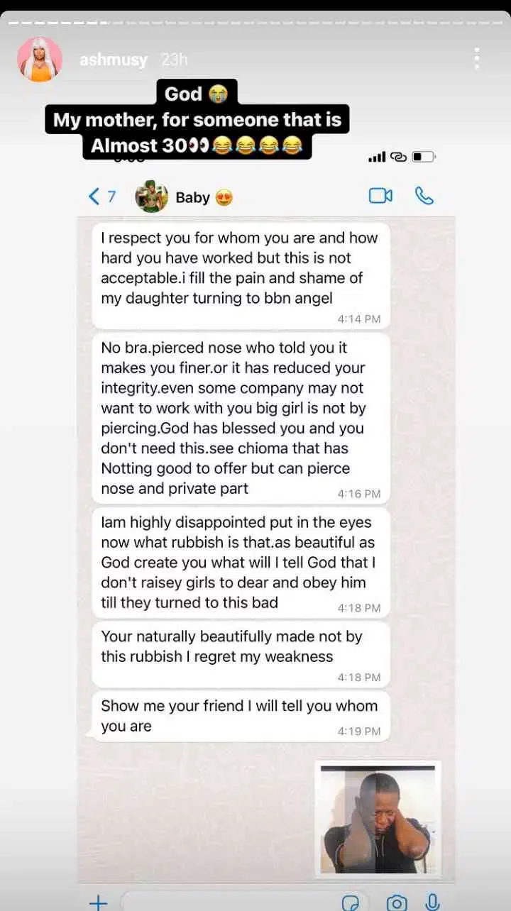 'I feel the shame of my daughter turning to BBN Angel' - Ashmusy shares screenshot of what her mother told her after she pierced her nose