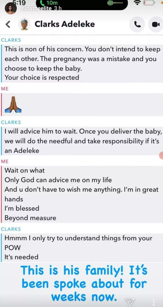 ''Once you deliver the baby, we will do the needful and take full responsibility if it is an Adeleke'' - Anita Brown shares screenshot of chats she allegedly had with a certain 'Clark Adeleke'
