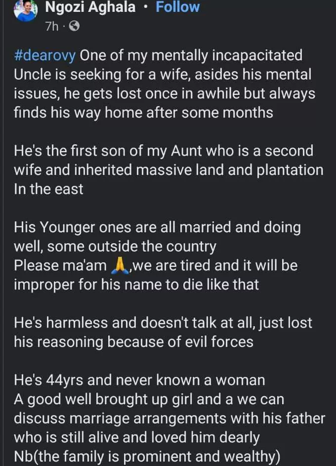 'Only true love can free him' - Lady whose uncle is mentally unstable seeks a wife for him