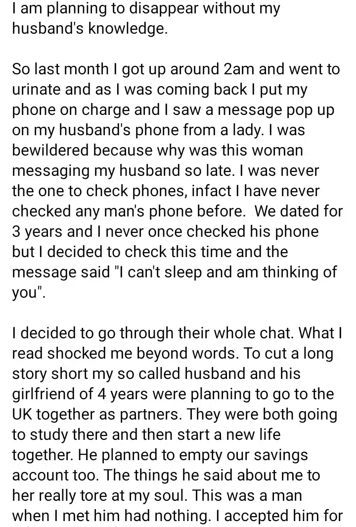 Wife discovers husband's chat with mistress where they're planning to elope to UK together
