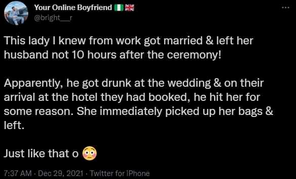 Bride dumps groom in less than 10 hours after wedding because he got drunk and hit her
