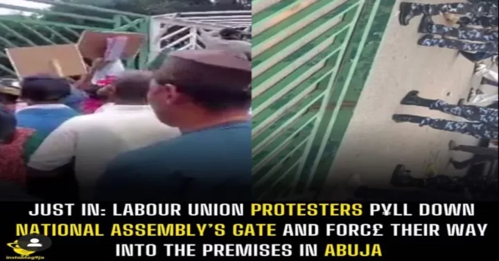 Just In: Labour Union protesters p¥ll down national assembly's gate and forc£ their way into the premises in Abuja