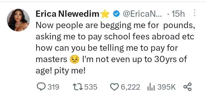 'How can you ask me to pay for your masters' - Erica cries out as fans beg after Cross hinted about her wealth