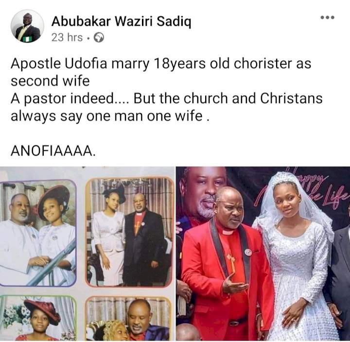 Pastor Udofia, 63, called out for allegedly taking an 18-year-old chorister as second wife (photos)