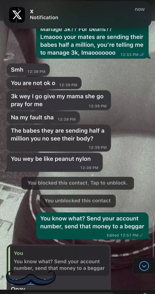 Lady angrily blocks her man for sending N3K as transport fare