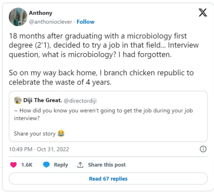 'I just wasted 4 years in school' - Man heartbroken as he fails simple job interview question; the question stuns many