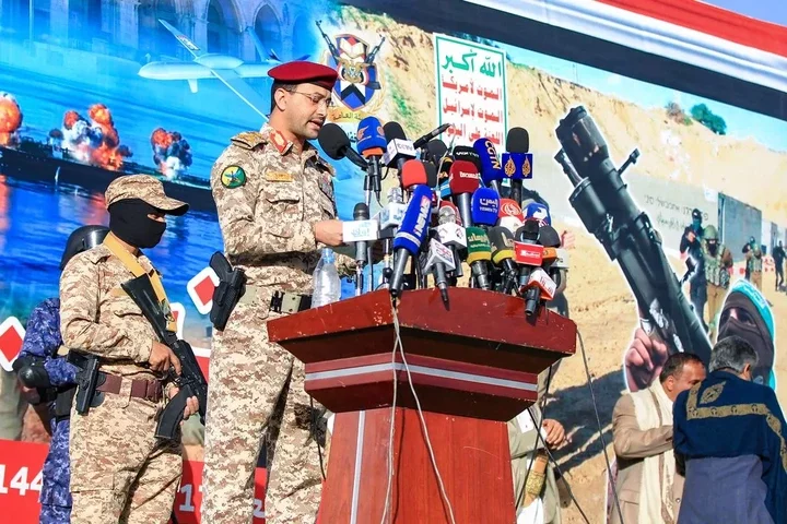 Brigadier Yahya Saree Qasim speaking at a rally in support of the Palestinians