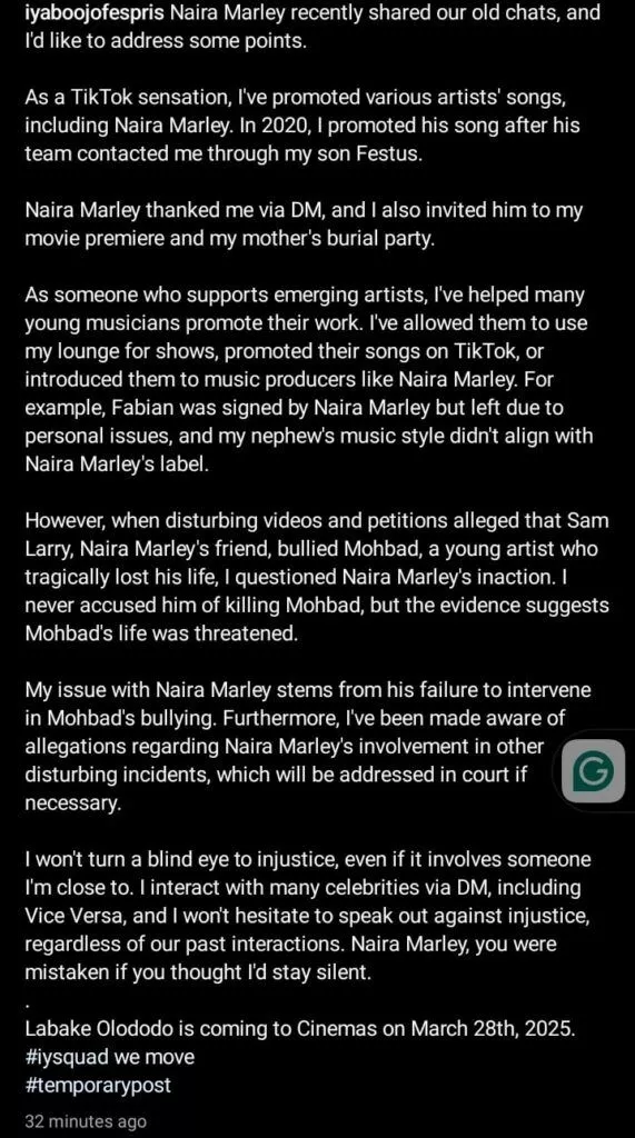 Iyabo Ojo fires back at Naira Marley over leaked chats confirming their relationship