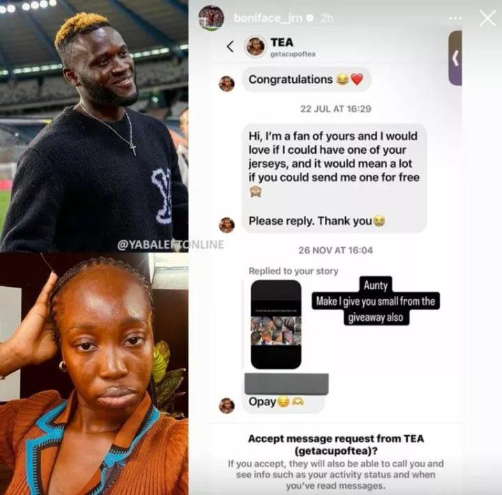 Victor Boniface leaks DM of lady who described him as a talentless footballer