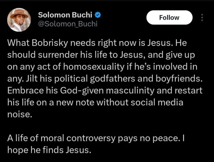 Solomon Buchi urges Bobrisky to abandon 'false lifestyle,' embrace masculinity, and surrender to Jesus