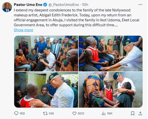 Akwa Ibom governor offers automatic employment to elder sister of late makeup artist, renovates family house