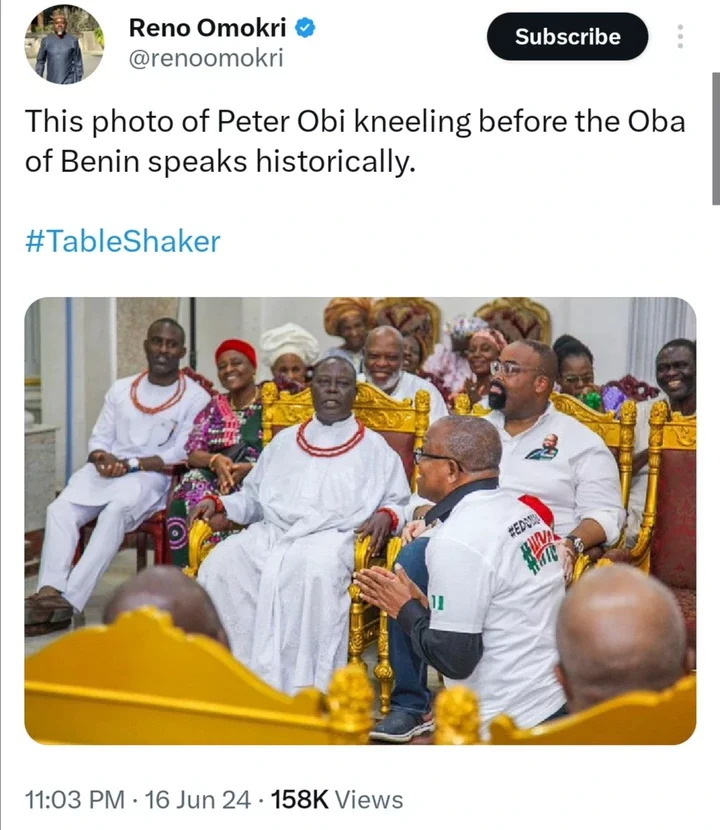 Reactions Trail as Photo of Peter Obi Kneeling Before Oba of Benin Surfaces