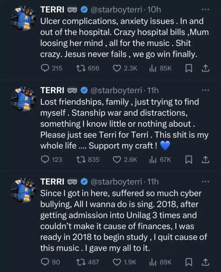 Starboy Terri cries out for help with his music career