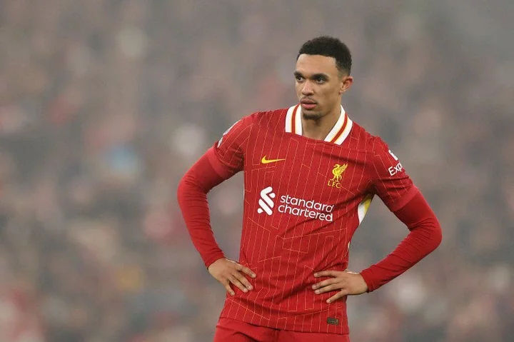 LIVERPOOL, ENGLAND - DECEMBER 26: Trent Alexander-Arnold of Liverpool in action during the Premier League match between Liverpool FC and Leicester City FC at Anfield on December 26, 2024 in Liverpool, England. (Photo by Jan Kruger/Getty Images)