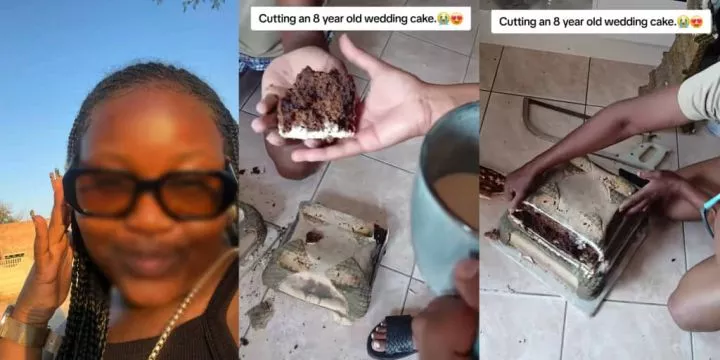 Lady shocks internet by cutting 8-year-old wedding cake with a saw, says it still tastes fresh