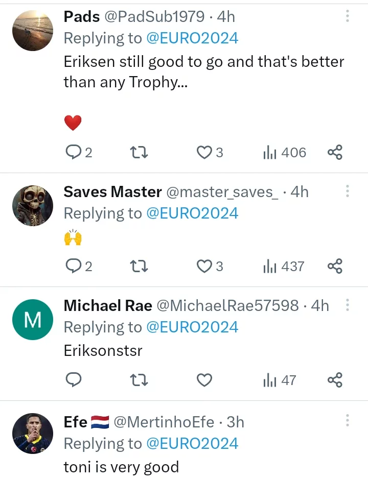 Reactions as UEFA EURO shares photo of Kroos consoling Eriksen after their 2-0 defeat to Germany.