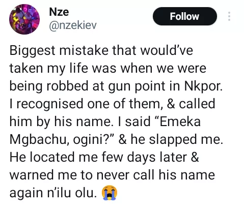 Nigerian man narrates how he almost lost his life after he recognised a member of robbery gang during operation and called him by name