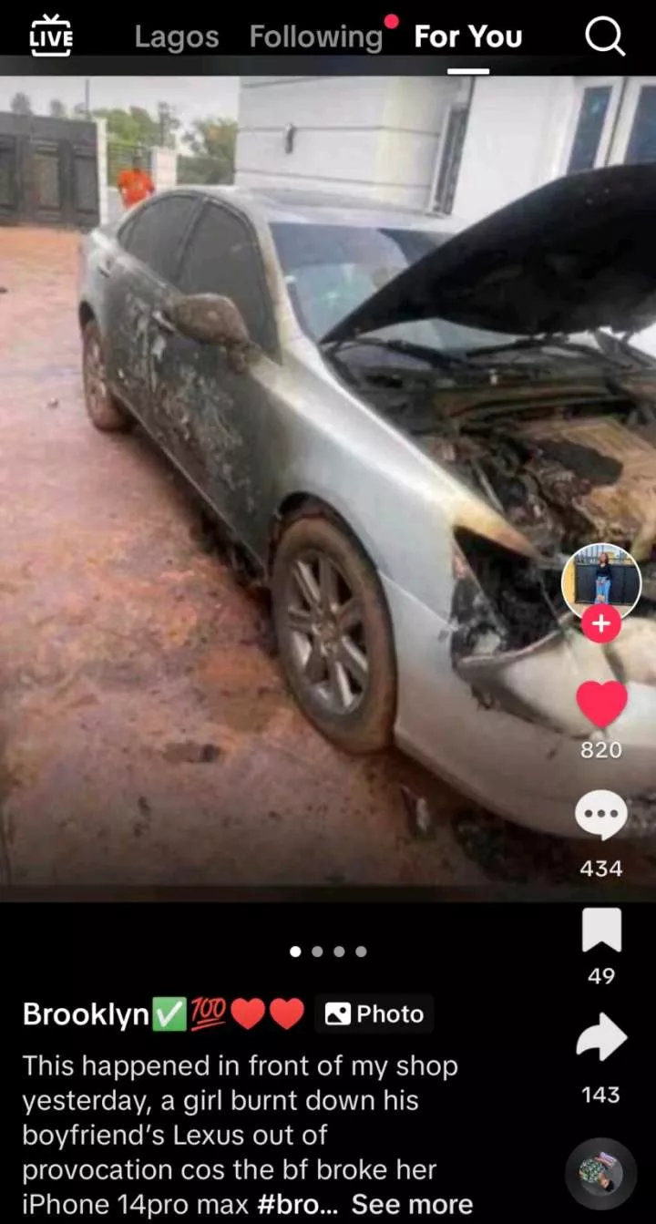 Nigerian lady sets boyfriend's car ablaze as he damages her iPhone 14 Pro Max