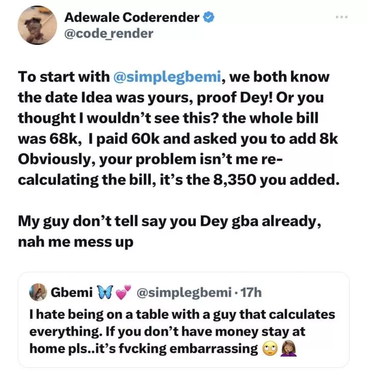 'I paid 60k, asked you to add 8k' - Nigerian man embarrasses lady as he counters accusations of being broke on date