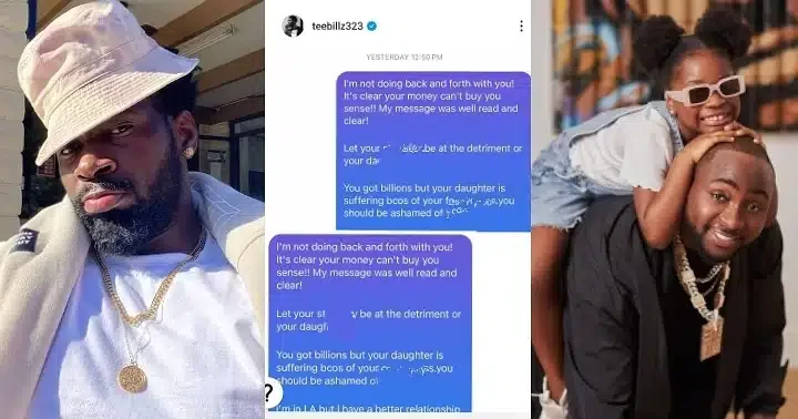 'You have billions but your daughter Imade is suffering' - Leaked chat between Davido and Teebillz