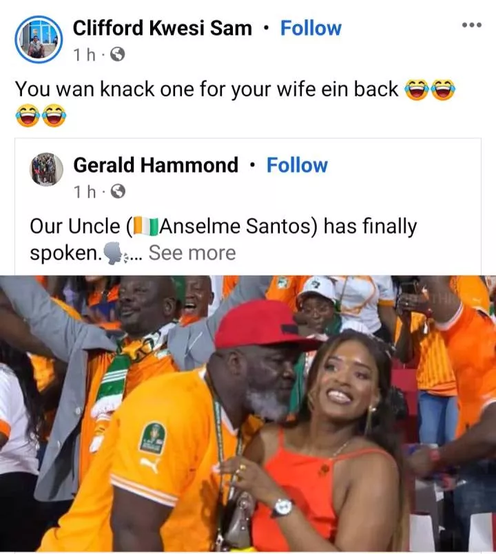 Ivorian man apologises to his wife and kids after going viral for asking a Senegalese lady for number during an AFCON game (video)