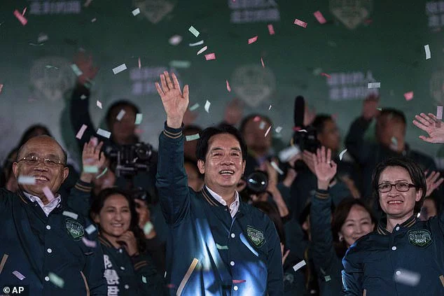 Taiwanese Vice President Lai Ching-te, also known as William Lai, left, celebrates his victory with running mate Bi-khim Hsiao in Taipei, Taiwan, Saturday, Jan. 13, 2024