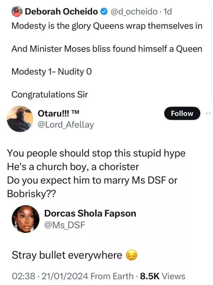 Actrees Dorcas Fapson responds after man said gospel artiste Moses Bliss would not have gone someone like her or Bobrisky