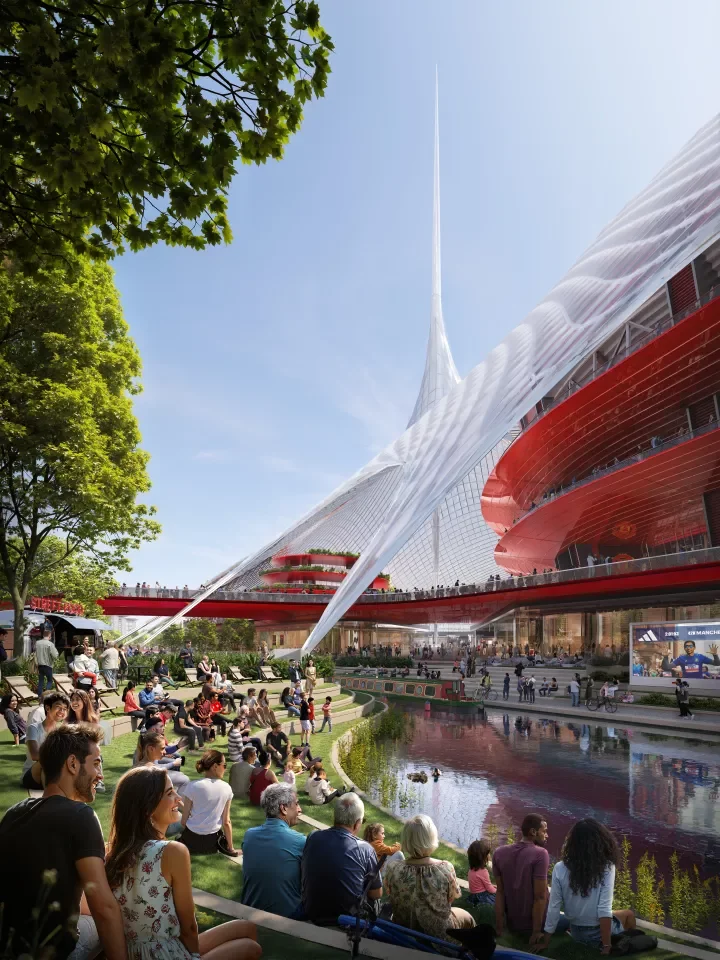 The stadium will be contained by a vast umbrella, harvesting energy and rainwater