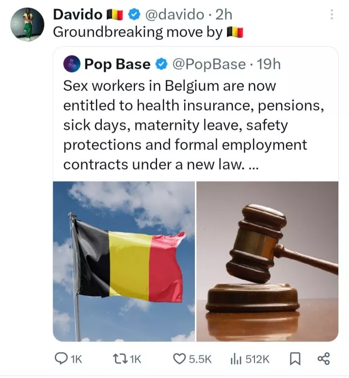 Davido applauds Belgium for law that entitles s�x workers to pension and leave